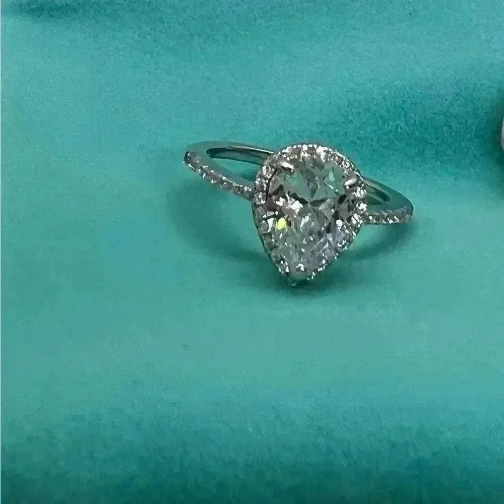 Pear shaped halo Diamond ring 925 sterling silver